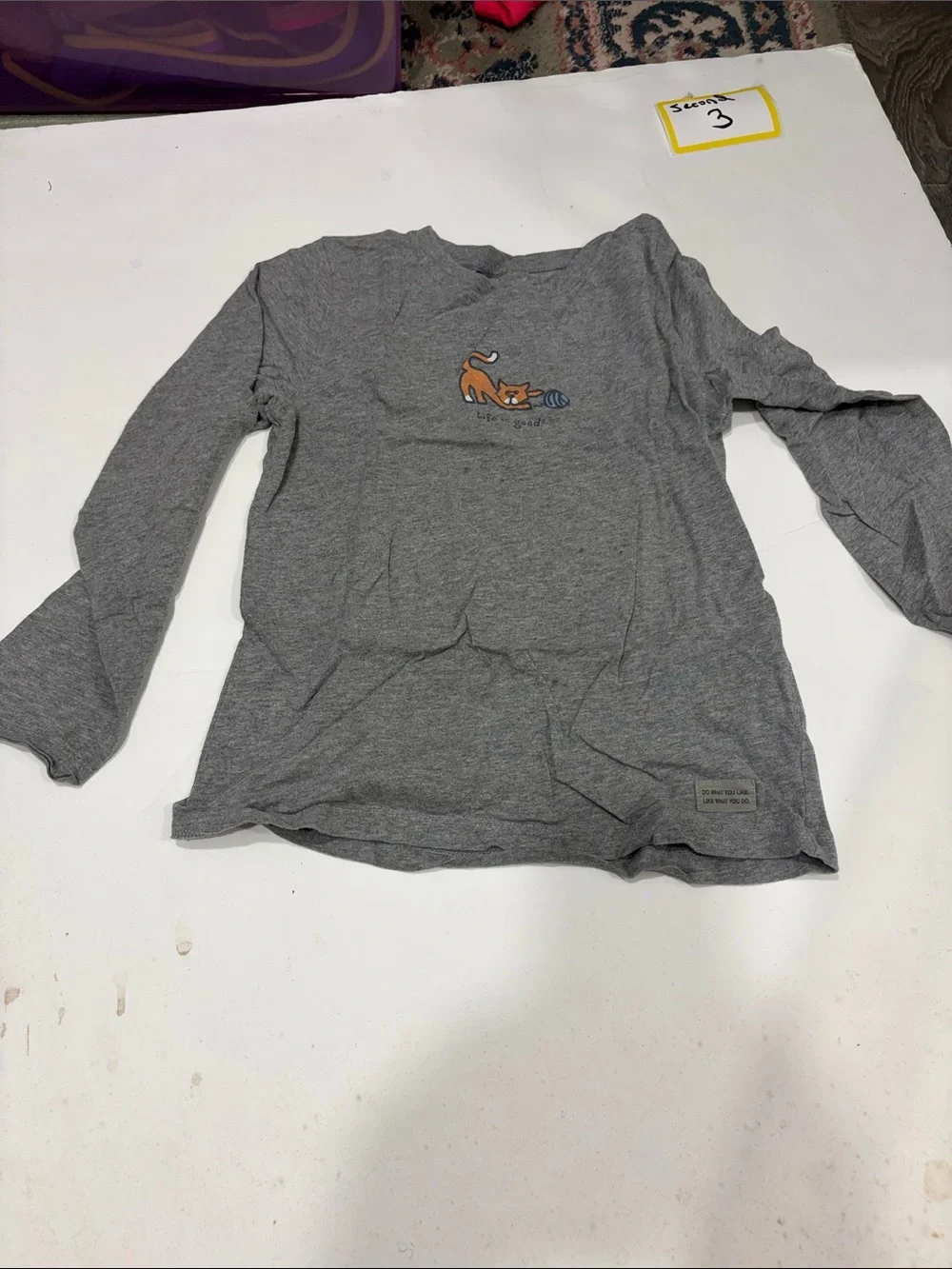 Life Is Good Gray Long-Sleeve Tee with Orange Cat Graphic
